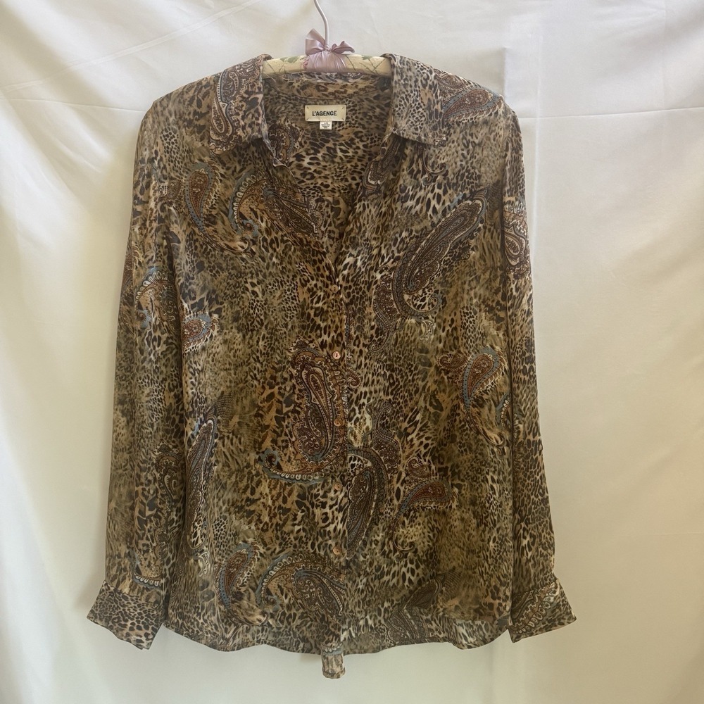 L'Agence 100% Silk Animal Print Button Down Shirt Blouse Large Luxury Designer